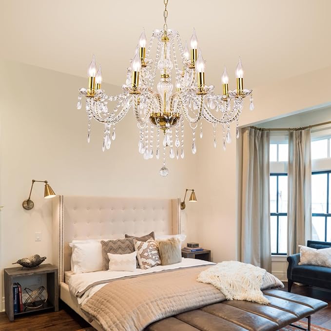 Modern Elegant 12 Lights K9 Crystal Glass Chandelier Golden Pendant Ceiling Lighting European Style for Dining Living Room Bedroom Transparent,12 E12 Bulbs Required-Ruum Studio Home