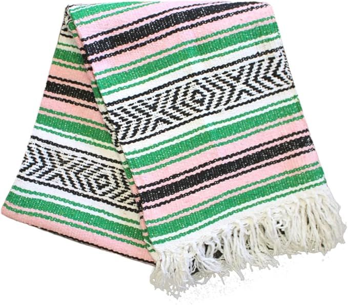 Del Mex Classic Mexican Blanket, Large Authentic Woven Falsa Throw (70"x50"), Artisan Southwest Décor for Beach, Yoga, Outdoors (Green/Pink)-Ruum Studio Home