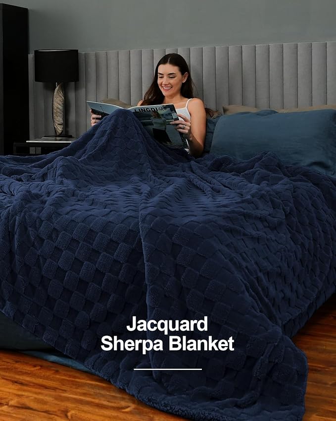 Pawque Super Soft Cozy Throw Blanket Queen Size for Couch Bed, Fluffy Sherpa Fleece Reversible Thick Warm Fuzzy Blanket for All-Season, 3D Checkered Jacquard Decorative Blankets, Navy Blue, 90"x90"-Ruum Studio Home