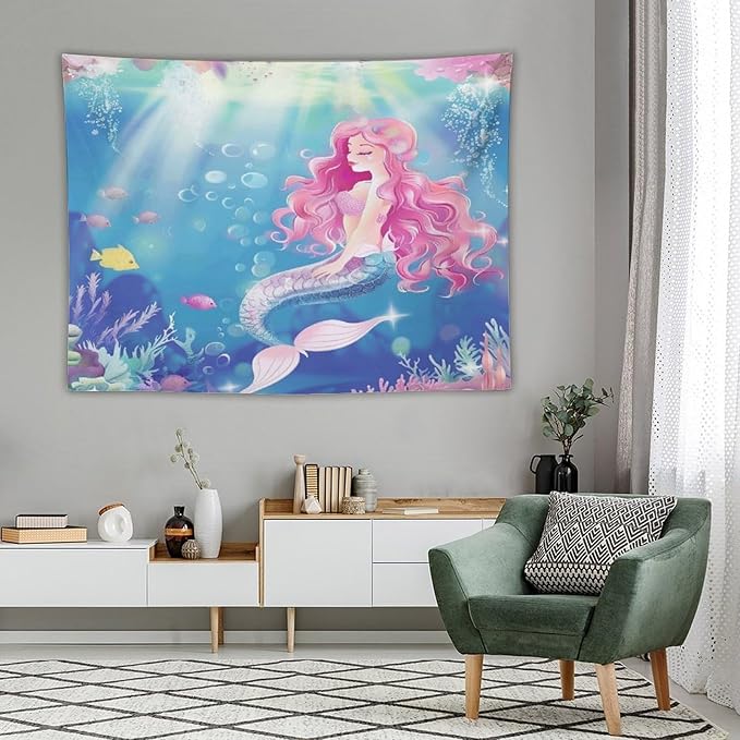 HZOHNAGO Mermaid Girls Tapestry Watercolor Mermaid Princess Pink Hair Pattern for Kids Room Decoration Printed Wall Tapestry Wall Hanging for Bedroom Living Room Dorm 80" W x 60" H-Ruum Studio Home