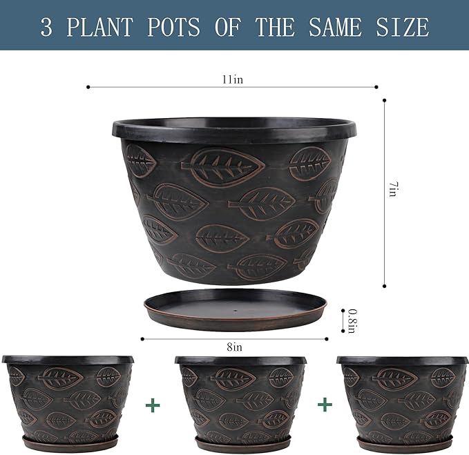 3 Pack Flower Pots Outdoor 11 Inch Plant Pots Indoor, Large-Plastic-Plant-Flower-Planters-Pots with Drainage Hole & Tray, Modern Decorative Garden Pot with Saucer(Brown)-Ruum Studio Home