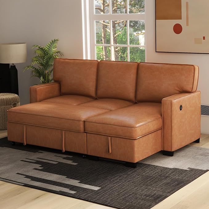 EBELLO Convertible Sleeper Sofa 3 in 1, Faux Leather Modern L-Shaped Couches for Living Room, Pull Out Sectional Futon Sofa Bed with Storage Space, USB Ports and Cup Holders for Bedroom, Brown-Ruum Studio Home