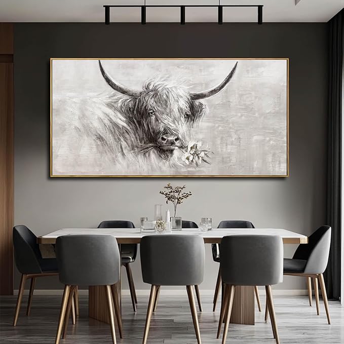 Farmhouse Decor Framed Wall Animal and Flower Artwork Grey Vintage Cow Wall Art with Frame for Living Room Bedroom Dining Room Office 29x58 Inch-Ruum Studio Home