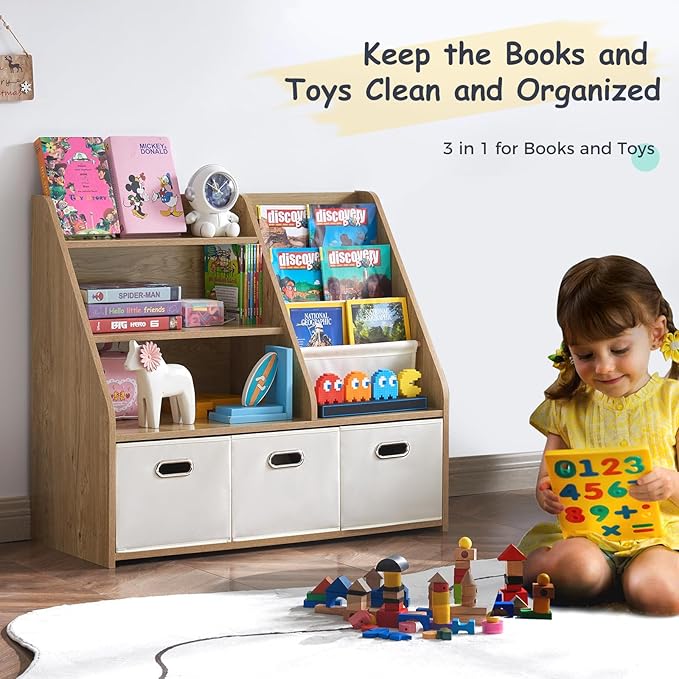 Kids Bookshelf, Kids Toy Storage Organizer with Storage Bins, Wooden Bookshelf and Book Display Shelf for Bedroom, Playroom, Nursery, Classroom, Teak Color-Ruum Studio Home