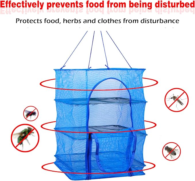 Drying Rack 4 Layers Folding Mesh, Foldable Nylon Netting, Hanging Drying Net, for Shrimp, Fish, Fruit, Vegetables, Herb, with Zipper Opening - Blue (25.59X13.78X13.78 in)-Ruum Studio Home