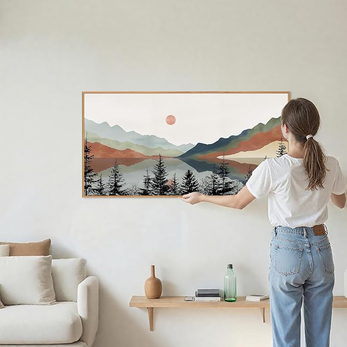 Tinonedraw Boho Mountain Framed Canvas Wall Art Set, Watercolor Nature Landscape Wall Decor, Neutral Modern Sunrise Artwork, Black Pine Trees Forest Art Prints for Living Room Bedroom Office 20"x40"-Ruum Studio Home