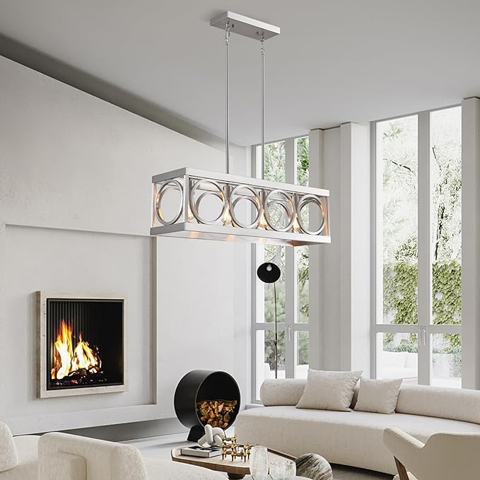 XINGQI Linear Chandelier Brushed Nickel Kitchen Island Light Fixtures 31.5" Rectangle Dining Room Chandeliers, Farmhouse Hanging Large 4-Light Rustic Metal Living Room Office Pendant Lighting-Ruum Studio Home