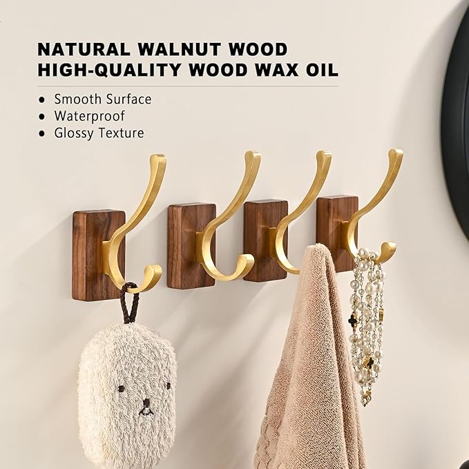 2 Pack Wooden Wall Hooks for Hanging, Adhesive Mounted Wall Mounted Boho Decorative Nature Wood Coat Hook for Towel Clothes Blanket Hat Backpack Robe Nursery Door Board Entryway Key Holder Gold-Ruum Studio Home