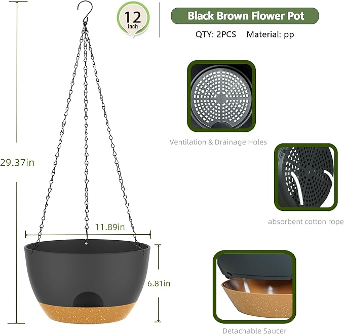 12 Inch Hanging Baskets 2 PC with Chains, Self-Watering Hanging Planters for Indoor Outdoor Plants, Plastic Hanging Flower Pots,Black Brown-Ruum Studio Home