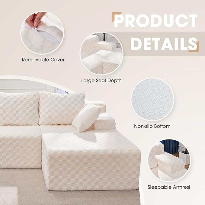 Hobestluk 96“ Modular Sectional Sofa Couches L-Shape Couch 3 Seat Modular Sofa Memory Foam Sectional Couches for Living Room, Cloud Couch with Oversized Chaise (White, Checked (Right Facing Chaise))-Ruum Studio Home