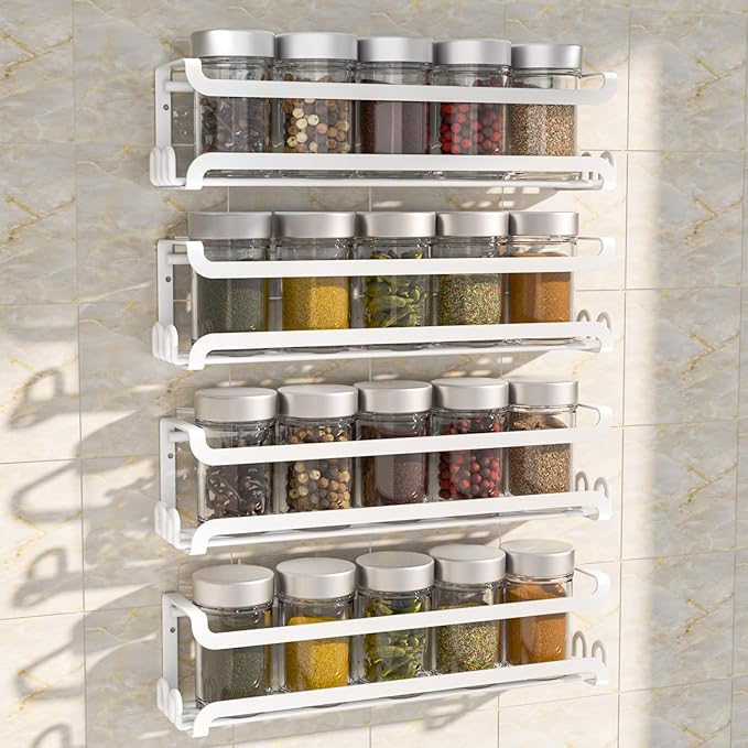 LUCYCAZ 4 Pack Wall Mounted Spice Rack with 16 Hooks, Spice Organizer Shelf for Stove Cabinet Pantry Door,Screw or Adhesive Spice Shelf Hanging Wall Spice Rack in Kitchen and RV (White, 4 PACK)-Ruum Studio Home