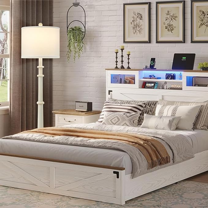 Floor Lamps for Living Room - 60" Resin Farmhouse Floor Lamp with 3 Color Temperatures - Vintage Standing Lamp Reading Light with Linen Shade Retro Tall Lamp for Bedroom Office, Almond White-Ruum Studio Home