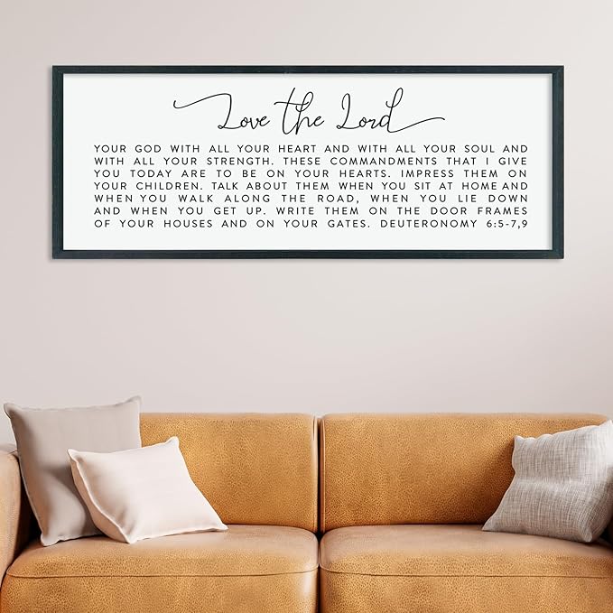 LuZhiQiang Love The Lord Your God With All Your Heart Wall Decor Art 40"×15" Deuteronomy 6:5-7, 9 Scripture Sign Bible Verse Large Wood Framed Wall Hanging (Black)-Ruum Studio Home