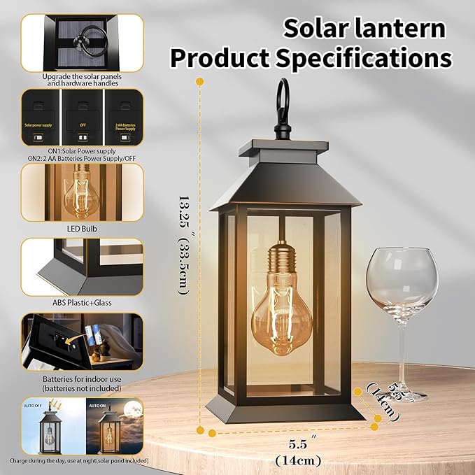 2 Pack Hanging Solar Lanterns Glass Solar Lights Outdoor Waterproof Upgraded Solar and 2 AA Batteries Powered, for Outside Porch, Patio and Indoor Tables, Mantelpiece-Ruum Studio Home
