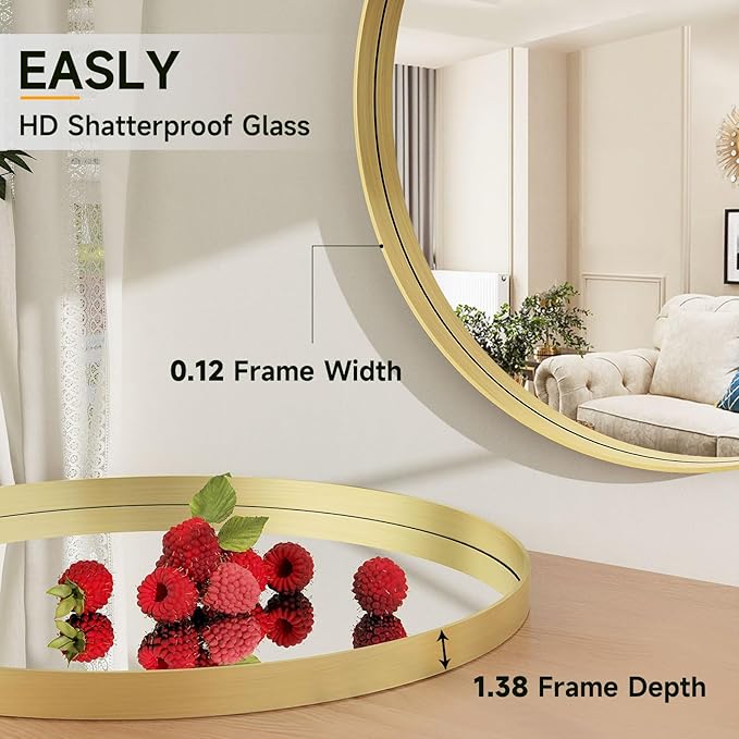 24 Inch Round Bathroom Mirror - Wall Mounted Circle Mirror with Metal Frame, Modern Mirror Suitable for Bathroom, Vanity, Entryway, Living Room, Wall Decor,Gold-Ruum Studio Home