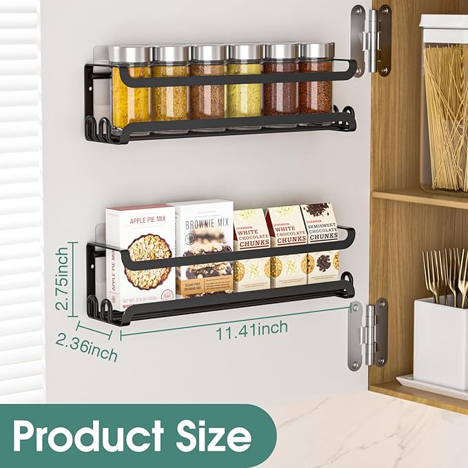 LUCYCAZ 4 Pack Wall Mounted Spice Rack with 16 Hooks, Spice Organizer Shelf for Stove Cabinet Pantry Door,Screw or Adhesive Spice Shelf Hanging Wall Spice Rack in Kitchen and RV (Black, 4 PACK)-Ruum Studio Home