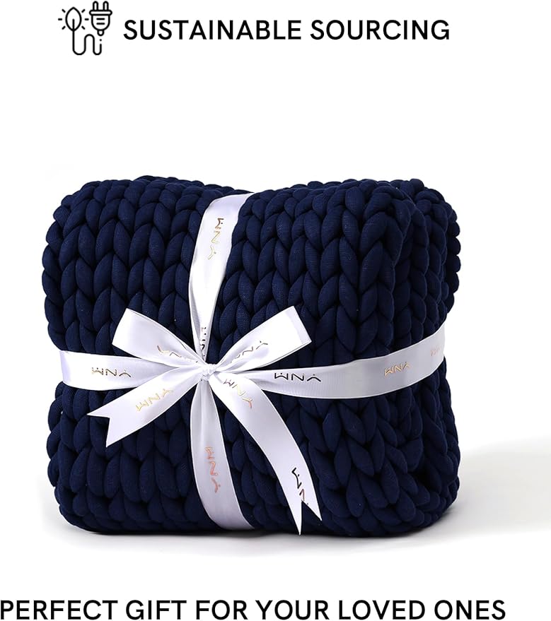 YnM Chunky Throw Blanket, Medium-Weight, Hand Knitted, Skin Friendly, Ventilated and Breathable, Machine Washable, Home Décor Piece for Couch, Sofa and Bed (Indigo Blue, 40x50 Inch)-Ruum Studio Home