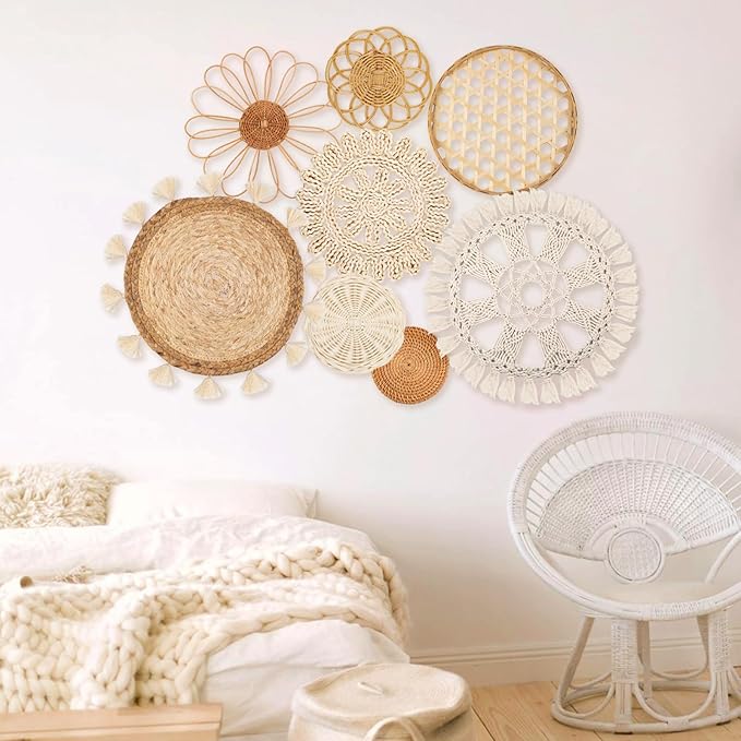 Boho Wall Basket Decor Set of 8 - Flat Woven Basket Wall Hanging Decor,Round Tassels White Macrame Tapestry Wall Decor Art,Handmade Rattan Wicker Seagrass Home Wall Baskets Decor（Boho Classic)-Ruum Studio Home