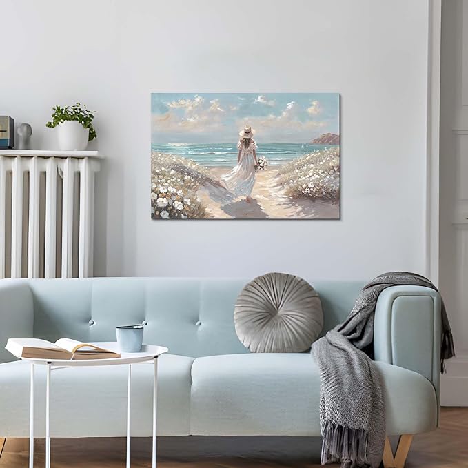 cozy country Beach Wall Art 36"x24" - Coastal Pictures Ocean Canvas Decor - Nautical Artwork Seascape Hand Painting for Girls Room, Sea House-Ruum Studio Home