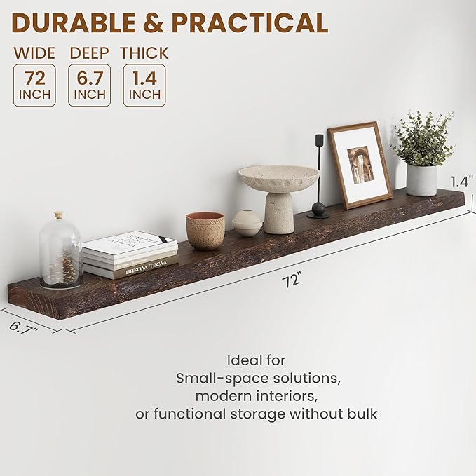 72" Floating Shelves, Live Edge Elm Wood Floating Shelf for Wall, Wall-Mounted Display Shelves with Invisible Heavy-Duty Bracket, Long Floating Shelf for Bathroom, Kitchen, Living Room, Walnut Color-Ruum Studio Home