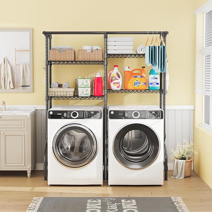 U14 Over Washer and Dryer Storage Shelves, 4 Tiers Laundry Room Storage and Organizer System, Space Saving Clothes Drying Rack with 2 Clothes Hanger Rods, 66.5" W x 20.5" D x 77.4" H, Black-Ruum Studio Home