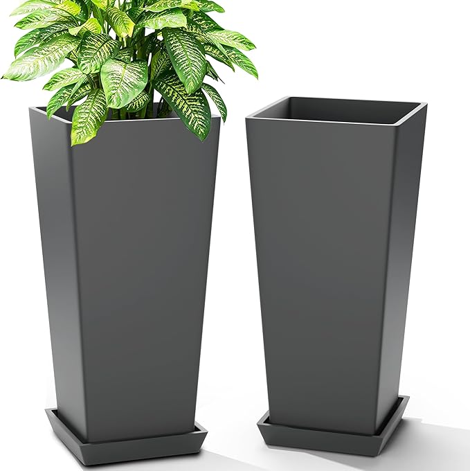 FENCY Set of 2 Tall Planters for Outdoor Plants, 24 Inch Large Tapered Pots with Drainage Trays, Weather-Resistant Plastic Plant Containers for Patio, Porch, Garden, Front Door Decor,Gray-Ruum Studio Home
