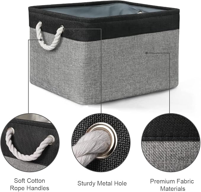 Organization and Storage Bins for Shelves - 17X15X12 inch 2 Pack Foldable Baskets for Organizing, Fabric Storage Cubes with Rope, Storage Box for Decorative Cloth (Black & Grey)-Ruum Studio Home