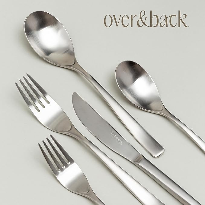 over&back 20pc Curved Flatware Cutlery Set - Comes with 4 Dinner Forks, 4 Salad Forks, 4 Dinner Knives, 4 Dinner Spoons, and 4 Teaspoons - 18/8 Stainless Steel - Dishwasher-Safe - Brushed Stainless-Ruum Studio Home