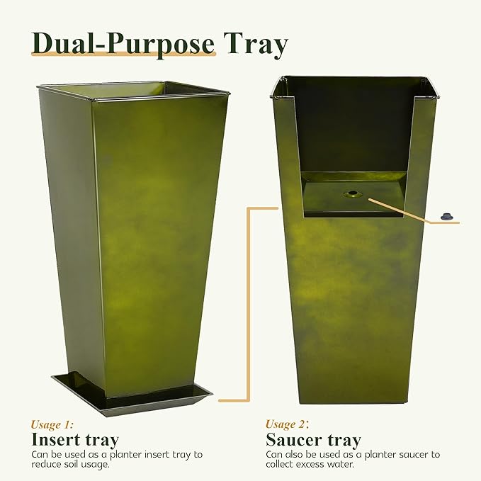 WORTH Garden Large Metal Glazed Planter Set of 2 (25" + 28"), Luxurious Glossy Finish Green Tall Square Tapered Steel Plant Pot, Decor Flower Pot Indoor & Outdoor, Drainage Hole & Dual-Purpose Saucer-Ruum Studio Home