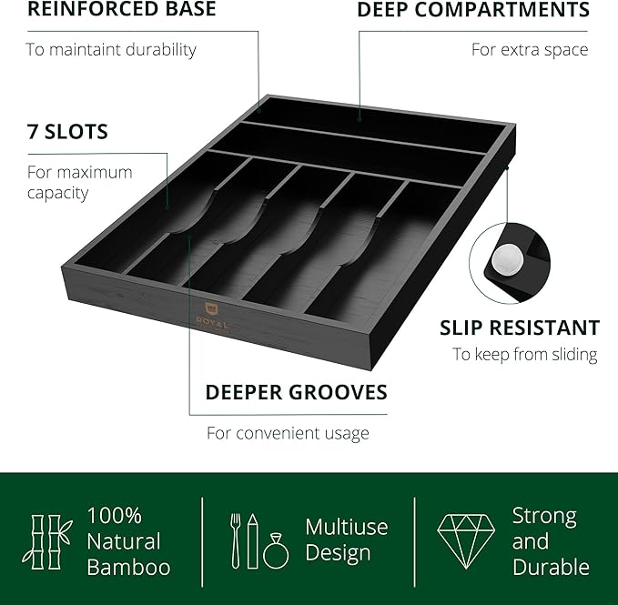 ROYAL CRAFT WOOD Luxury Bamboo Kitchen Drawer Organizer - Silverware Organizer - Utensil Holder and Cutlery Tray with Grooved Drawer Dividers for Flatware and Kitchen Utensils (7 Slot, Black)-Ruum Studio Home