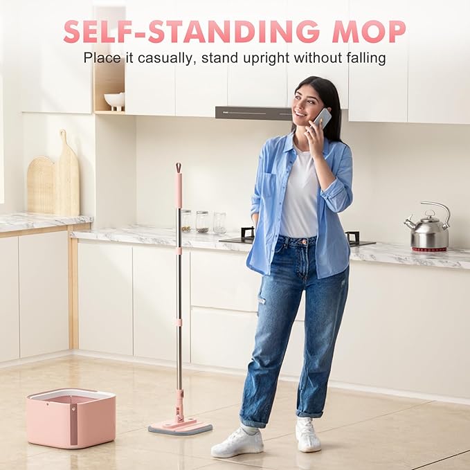 Upgraded Spin Mop and Bucket Set Self-Standing Mop Bucket Separate Dirty and Clean Water System Self Wringing 360° Rotating 90° Foldabl Mops and Buckets for Floor Cleaning (Pink, 2Pads)-Ruum Studio Home