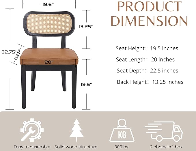 EALSON Mid Century Modern Rattan Dining Chairs Set of 2 Farmhouse Black Wood Kitchen Chairs with Cane Back Leather Upholstered Accent Armless Chairs for Dining/Living Room Restaurant, Brown-Ruum Studio Home
