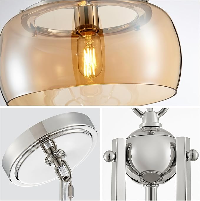 WUZUPS Nickel Chandelier Rustic Farmhouse Industrial Round Ceiling Pendant LED Light Fixture with Amber Glass Shade for Dining Room Kitchen Island Foyer Entryway, H 17" W 13.4", E26 Base-Ruum Studio Home