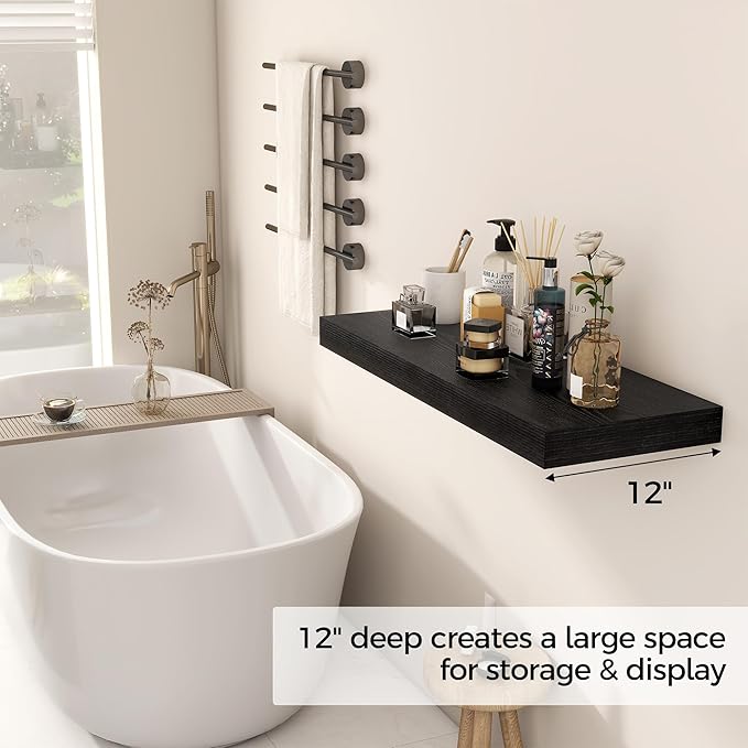 Fun Memories Black Floating Shelves 30" W x 12" D, 12 Inch Deep Floating Shelf for Books, Bathroom, Living Room, Rustic Wood Wall Shelves, 2 Inch Thicked Storage Shelf for Home Storage, Set of 2-Ruum Studio Home