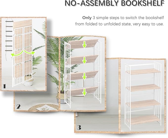 4NM No Assembly 4 Tiers Folding Bookshelf, 47.2" H Foldable Storage Shelves Vintage Bookcase Standing Racks Study Organizer Home Office - Natural White-Ruum Studio Home