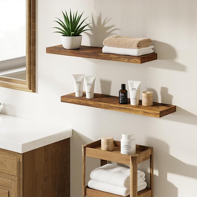 BAMEOS Floating Shelf,Wall Shelf,Decor Wall Mounted Shelves,Hanging Shelf Set L24xW6 for Bathroom Kitchen Living,Kitchen,Room Bedroom Storage, Rustic Brown-Ruum Studio Home