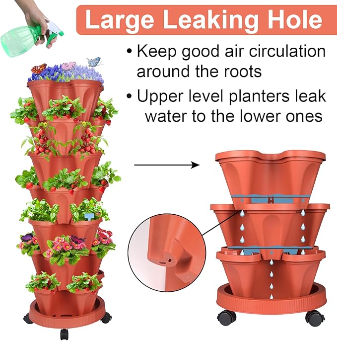 Vertical Planter, 7 Tier Stackable Strawberry Planter with Garden Tool Set, Movable Indoor/Outdoor Garden Herb Pot for Growing Vegetables and Succulents, Red-Ruum Studio Home