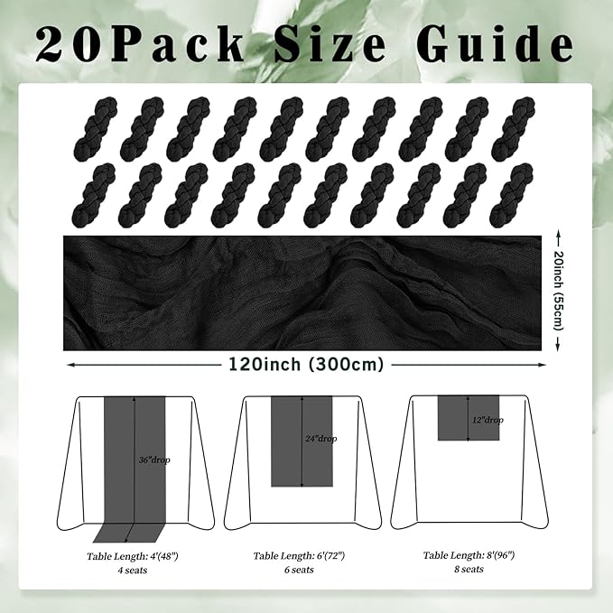 10FT 20 Pack Black Cheesecloth Table Runner 20 x 120 Inch Long Boho Fabric Rustic Cheese Cloth Table Runner for Wedding Bridal Shower Baby Shower Gauze Sheer Birthday Party Table Decorations-Ruum Studio Home