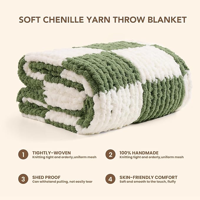 L'AGRATY Chunky Knit Blanket Throw: 50''x60'' Chenille Chunky Knitted Throw Blankets for Bed Couch - Handmade Thick Cable Knit Blanket - Large Crochet Rope Blankets for Home Decor(Green Checkered)-Ruum Studio Home