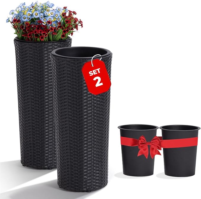 IDZO All Weather Wicker Planters for Outdoor Plants Set of 2, 24 inch Tall Black Planter for Front Porch, Patio, Balcony, Indoor Usage - Round Rattan Flower Pots-Ruum Studio Home