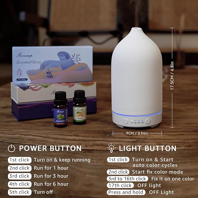 200ML Ceramic Essential Oil Diffuser - Ultrasonic Aromatherapy & Humidifier with 7-Color LED Lights, Auto Shut-Off, White, 1H/3H/6H Timer | Scent for Home,Office,Yoga-Ruum Studio Home