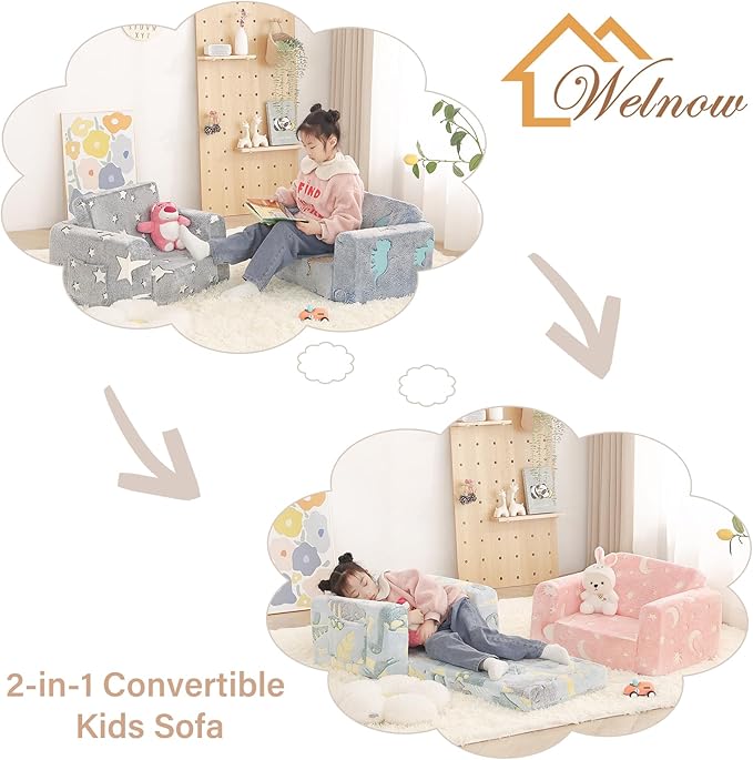 Welnow 2-in-1 Kids Sofa Chair, Glow in The Dark Convertible Toddler Chair Flip Out Children Sofa Folding Kids Play Sofa with Side Pockets & Removable Cover Armrest Chair for Girl or Boy-Ruum Studio Home