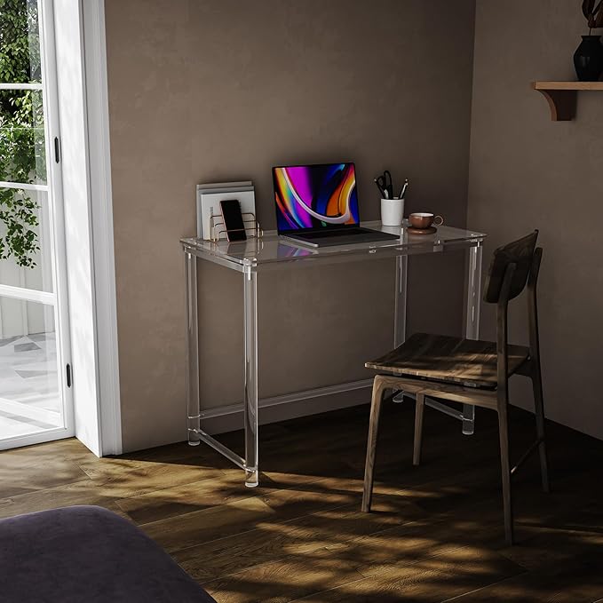 HMYHUM Acrylic Desk, Clear Desk for Home Office for Laptop, Study, Writing, Vanity Table with Cylindrical Legs, Modern, Easy Assembly, 39.4" L x 19.7" W x 29.5" H-Ruum Studio Home
