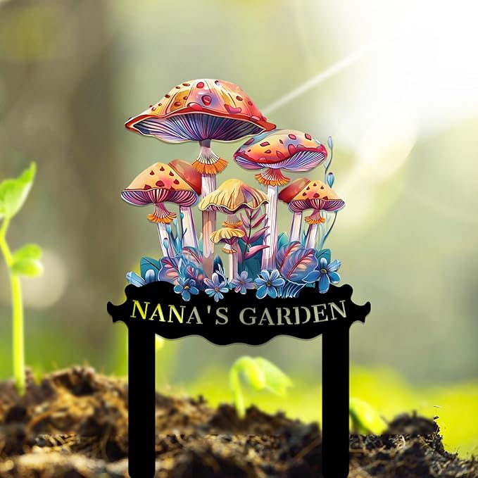 Personalized Mushroom Metal Sign with Stake,Custom Gardener Family Name Signs Outdoor Decor,Customized Flowers Gardening Birthday Gifts,Butterfly Plaque for Patio Lawn Porch Backyard Front Door Garage-Ruum Studio Home