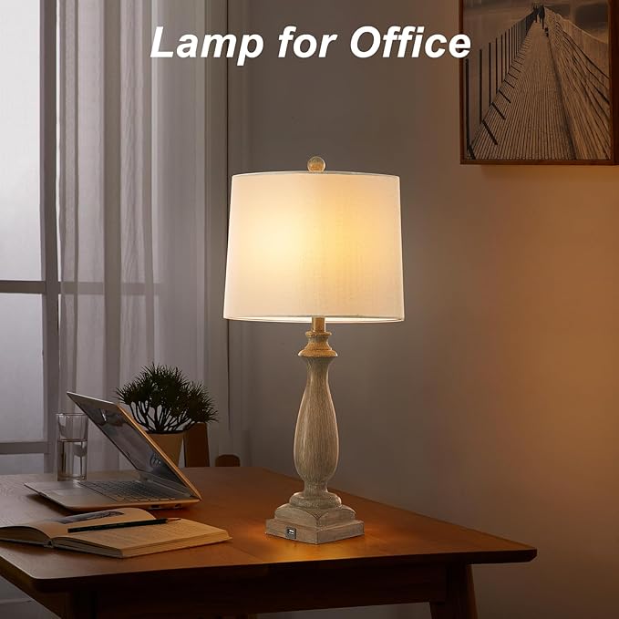 𝟐𝟔-𝐈𝐍𝐂𝐇 Rustic Table Lamp Set of 2 for Living Room, Vintage Farmhouse Bedside Lamp with USB Charging Port, 3 Way Dimmable Resin Nightstand Lamps with White Shade for Bedroom, End Table-Ruum Studio Home