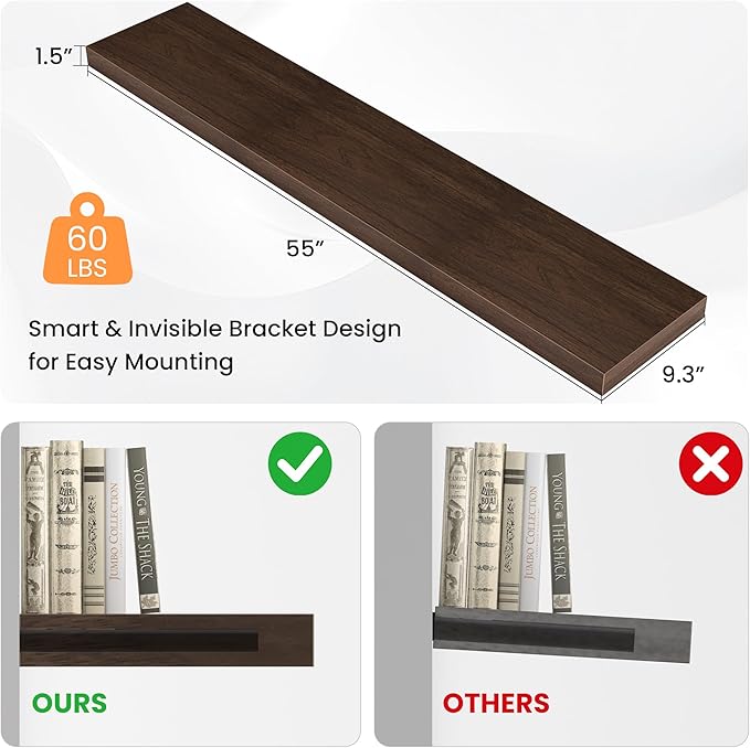 Floating Shelves for Wall, 55"W x 9.3"D x 1.5"H, Long Wooden Wall Mounted Display Shelves with Invisible Brackets for Living Room, Bedroom, Bathroom, Kitchen Decor and Storage, Set of 1, Walnut-Ruum Studio Home