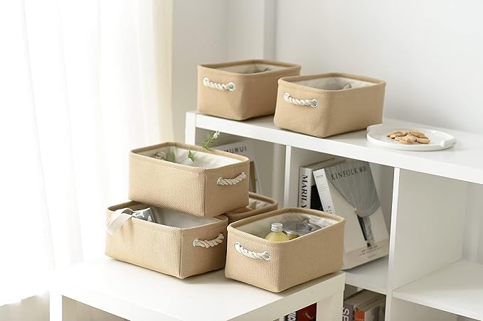 Organization and Storage Basket for Gifts Empty - 12x8x5.2 inch Small 6 Pack Collapsible Storage Box for Organizing, Fabric Storage Cubes for Cloth Books Laundry Canvas(Beige)-Ruum Studio Home
