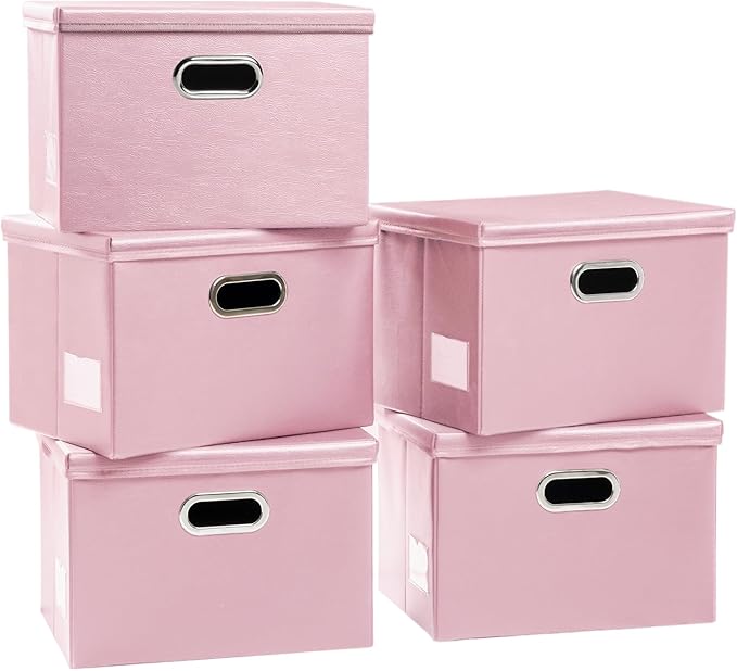 PRANDOM Foldable Storage Bins with Lids [5-Pack] Leather Fabric Collapsible Storage Boxes Organizer Containers Baskets Cube with Cover for Bedroom Closet Office Nursery Pink (14.9x10.8x10)-Ruum Studio Home