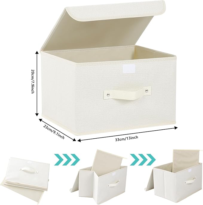 Storage Boxes, Collapsible Storage Bins with Lids, Cotton and linen cloth Storage Baskets with Handle, for Books, Closet, Bedroom, Home, 13x9.1x7.9 in, Beige-Ruum Studio Home