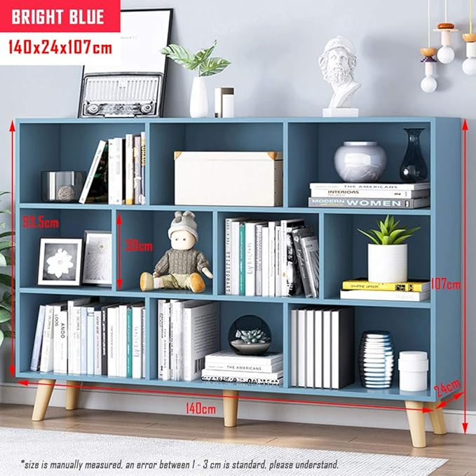 IOTXY Wooden Open Shelf Bookcase - 3-Tier Floor Standing Display Cabinet Rack with Legs, 10 Cubes Bookshelf, Bright Blue-Ruum Studio Home